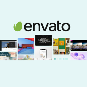 envato-digital services-Envato Elements subscription service – A designer’s workspace with a laptop displaying Envato Elements, showcasing unlimited downloads of templates, stock photos, and music